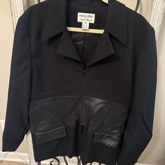 Focus 2000 Wool Jacket With Faux Leather Trim Black Vintage Size 14 - Picture 2 of 9